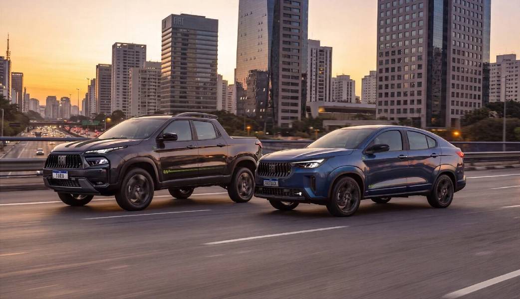 Fiat Fastback e Toro especiais de 50 anos da marca vistos de frente