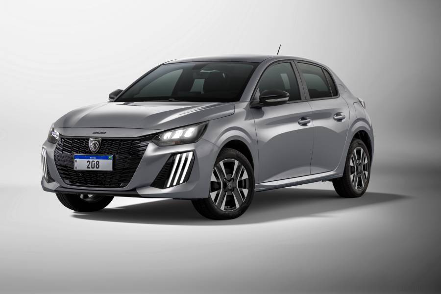 Peugeot 208 Allure 2027 cinza visto de frente