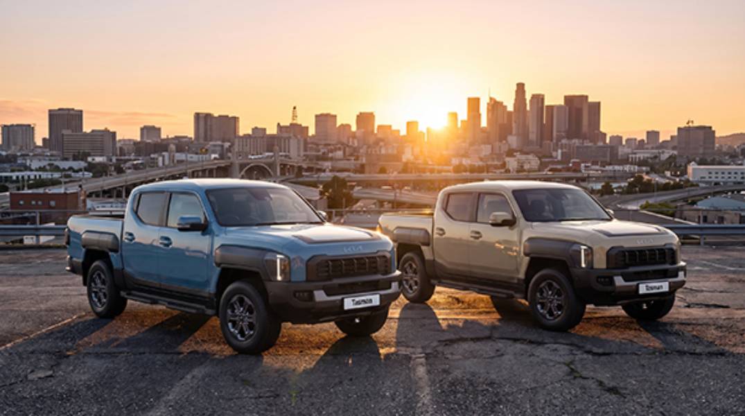 Kia Tasman PGL azul e bege vistas de frente