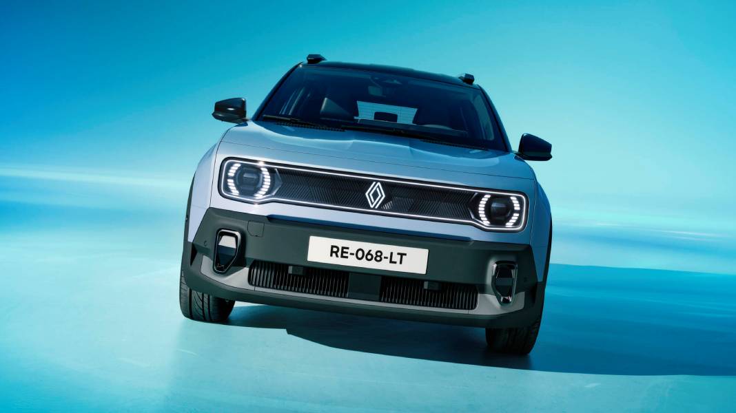 dianteira do Renault 4 E-Tech electric Plein Sud azul